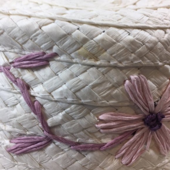 White Woven Sun Hat w/Purple Embroidered Flowers - Picture 11 of 14
